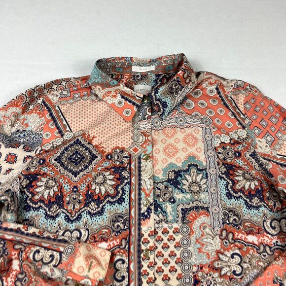 Chico’s Boho Patchwork Print Non-Iron Shirt 2 L Long Sleeve Work Button Down Top - Picture 3 of 10